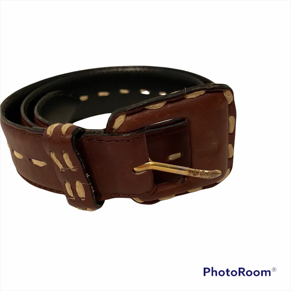 💎 GIVENCHY COUTURE BELT BROWN LEATHER CREAM STITCHING DESIGNER LUXURY SMALL Fit - Picture 2 of 14